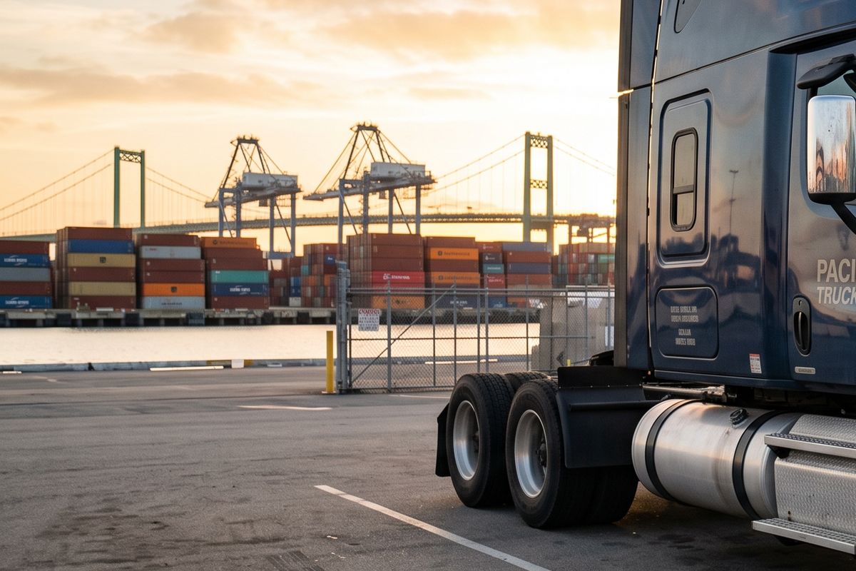 Container cranes, stacked containers and the Vincent Thomas Bridge at the Port of Los Angeles