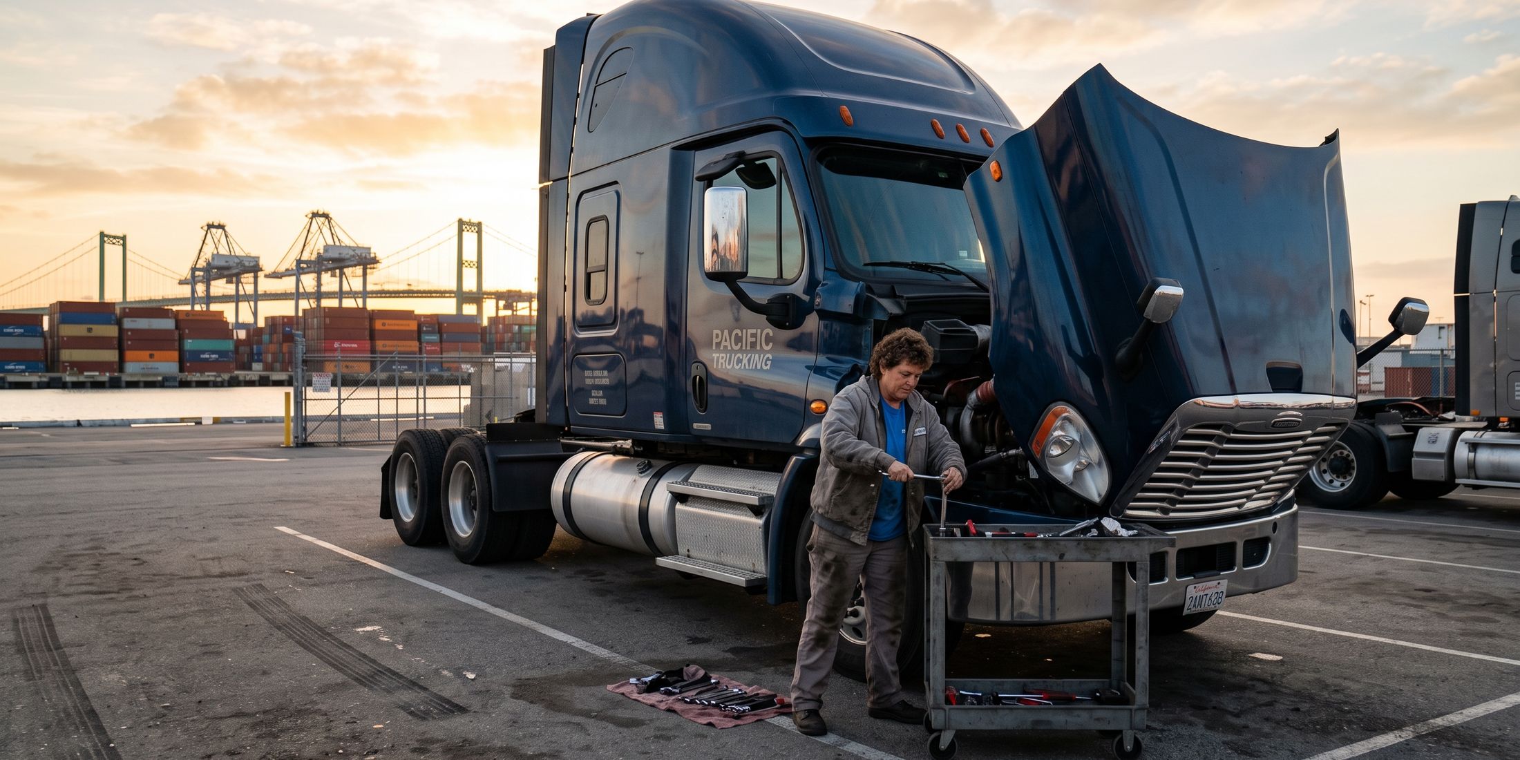 Mechanic working on the open engine bay of a semi truck at the Port of Los Angeles, with container cranes and the Vincent Thomas Bridge behind
