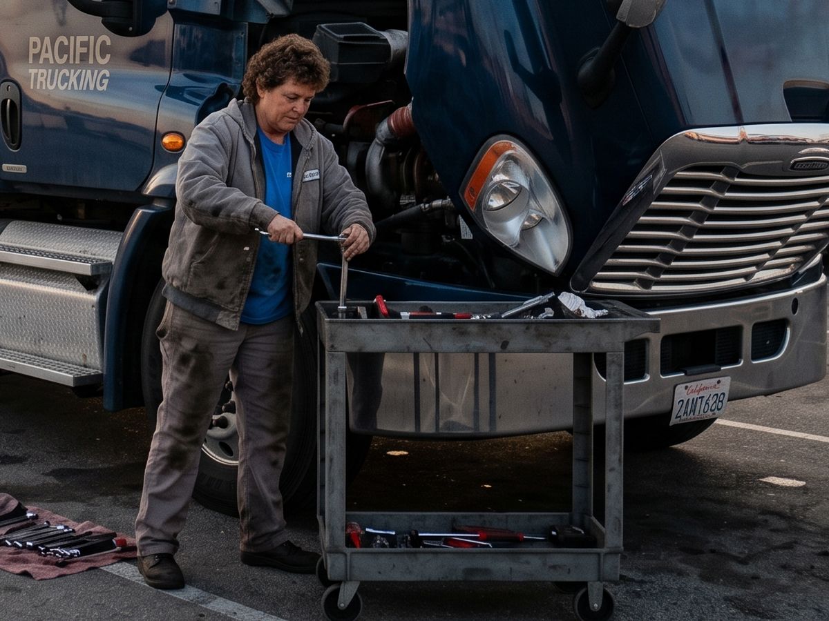 Mechanic working from a rolling tool cart beside a semi truck at the Port of Los Angeles