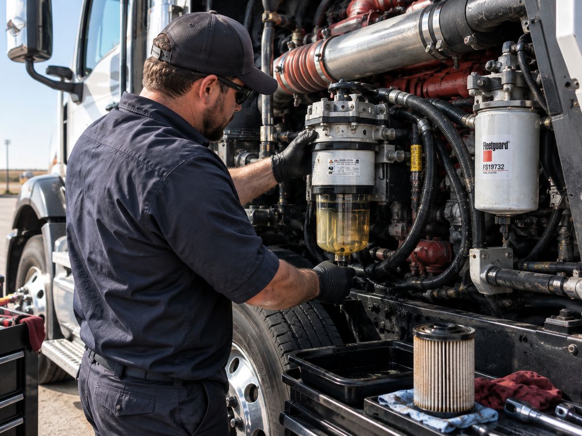 Mechanic servicing a fuel filter and water separator on a diesel truck engine