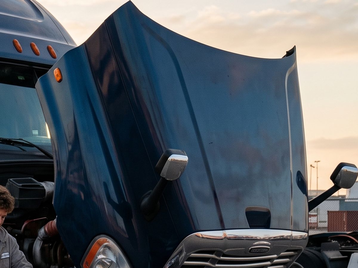 Open engine bay of a semi truck being repaired at the Port of Los Angeles